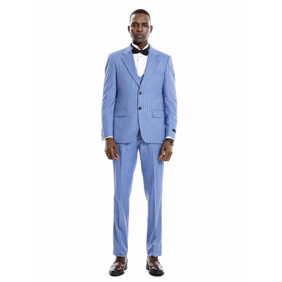 Men's Pinstripe 3-Piece Suit w/ Double Breasted Vest, Smokey Blue - Picture 9 of 9